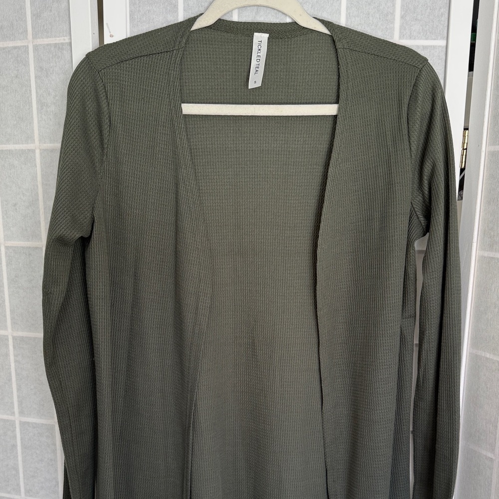 Tickled Teal Dark Green Open Front Cardigan - Picture 2 of 5